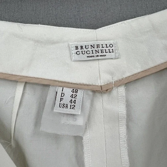 BRUNELLO CUCINELLI Pants Womens 12 Off White Cotton Blend Stretch Slim Trouser